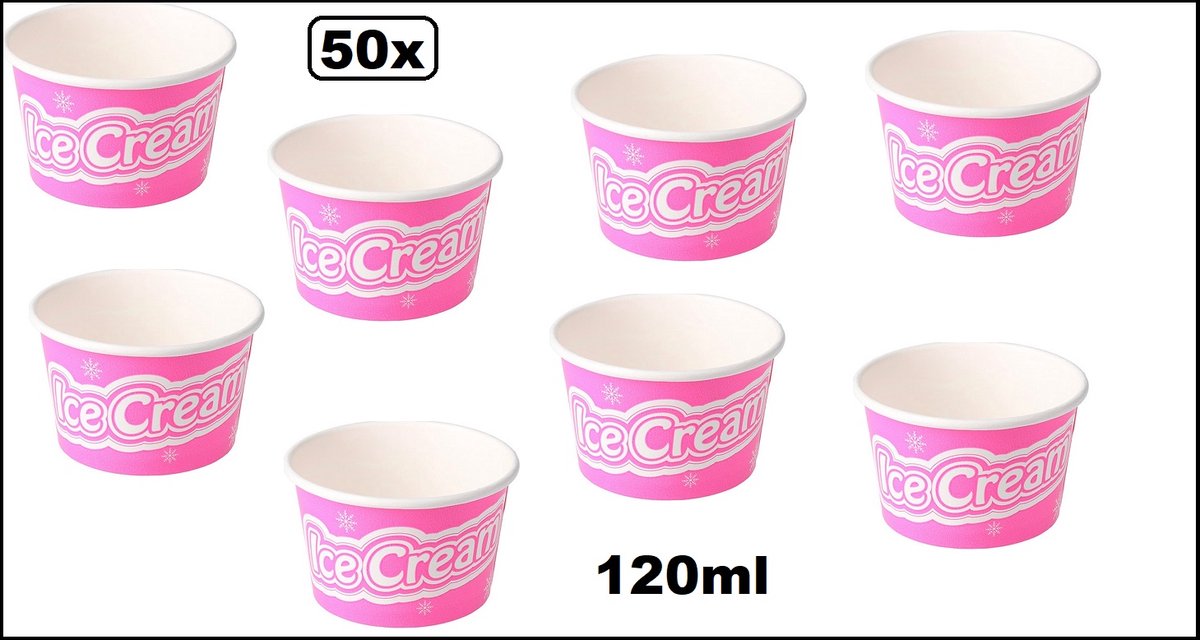 50x IJsbeker 120ml roze karton - 1 a 2 bolletje ijs - schepijs softijs ijsje zomer festival thema feest party