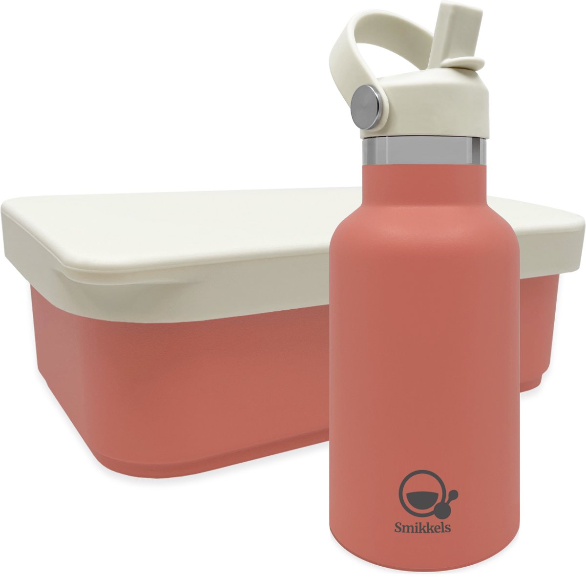 Smikkels - RVS Lunchset thermos/siliconen - Met vernieuwde rietjes dop en siliconen deksel - Roze - Schoolset kind