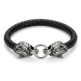 Zwart gevlochten heren armband met zilverkleurige wolfskoppen – metalen sluiting