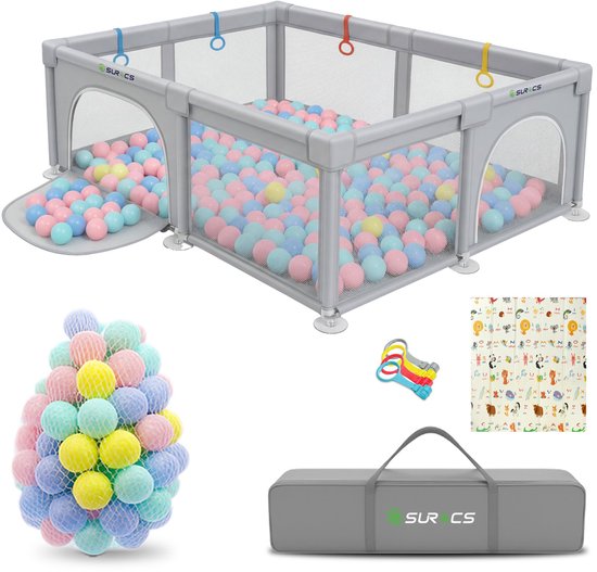 Surocs Grondbox - Baby box - Kinderbox - Playpen - 50 Speelballen - Speelbox - Parc Bebe - Speelmat - 180x150cm – Grijs