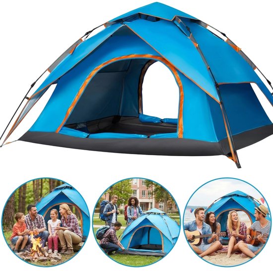 Blauwe pop-up tent omringd door cirkels die gezinnen tonen die kamperen, een koppel op het strand en een groep bij een kampvuur.