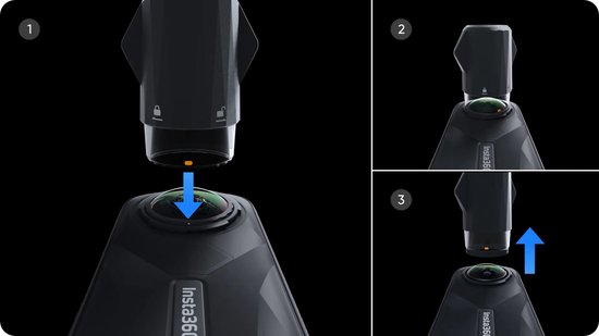 Instructies in drie stappen voor het monteren van een Insta360 lens.