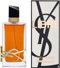 Yves Saint Laurent Libre Intense Eau de Parfum, amberkleurig met gouden YSL-logo, naast de bijpassende verpakking.