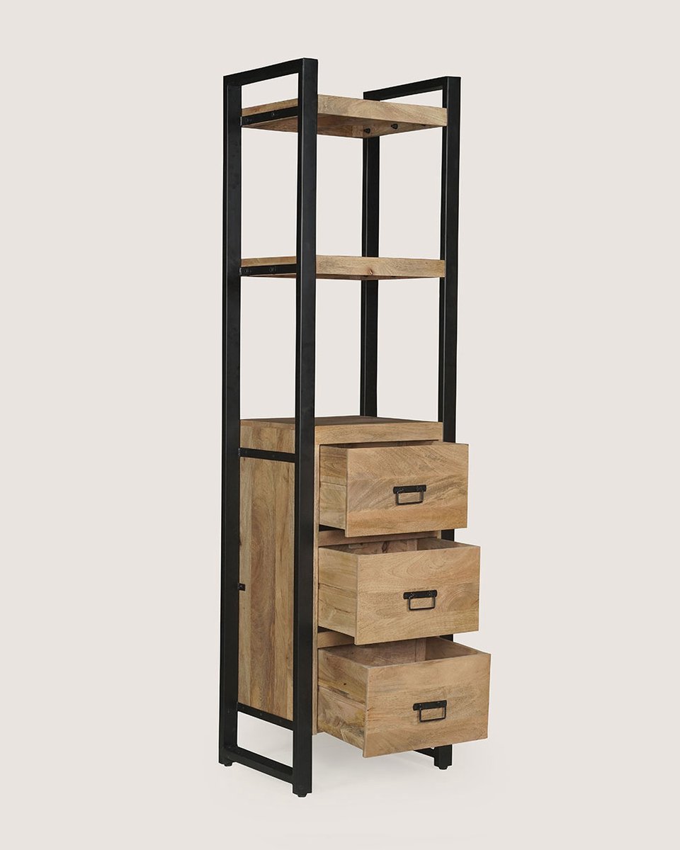 Boekenkast 55 cm Mangohout – 3 Lades – Industrieel