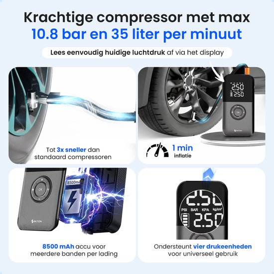 Siltcon® Elektrische Fietspomp - Luchtcompressor - Tot 10.8 Bar - 8500 mAh Powerbank - Compressor - Bandenpomp Auto - Elektrische Bandenpomp - Luchtpomp – Universeel – Oplaadbaar & 12V – 35l/min – SOS Lamp - Noodpakket - Incl. 10 Opzetstukjes en Hoes