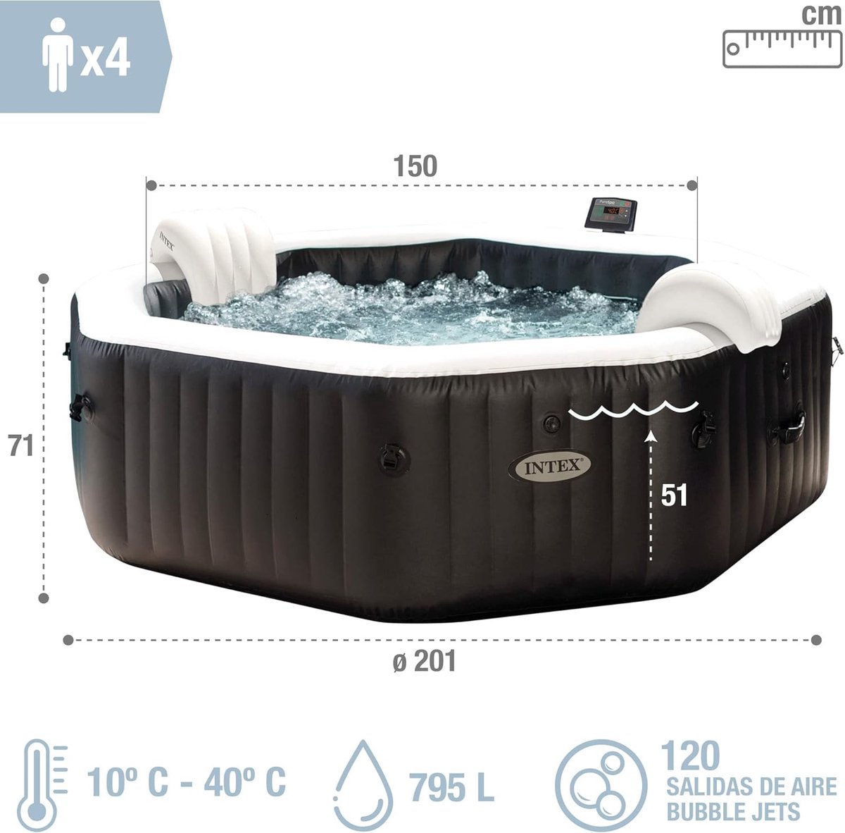 Opblaasbare bubbelbad jacuzzi PureSpa Carbon Jet & Bubble Deluxe 4-persoons 201x201x71 cm 795L 124 jets met verwarming en filter HomebyNicole