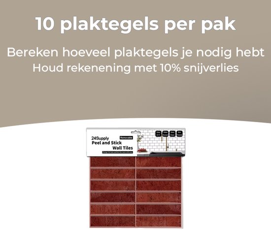 Verpakking van 10 plaktegels van 24Supply, met afbeelding van rode baksteentegels.