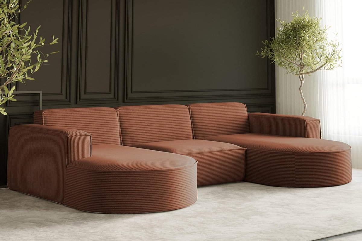 Modena Luxe XXL U-Vormige Hoekbank met Corduroy Bekleding, Opbergruimte en Modern Design - 299 x 165 x 78 cm Grote Relax Bank voor Woonkamer in Brick Kleur