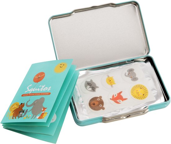 Open Squitos blikken doosje met stickers van dieren. De folder met de dieren ligt ernaast.