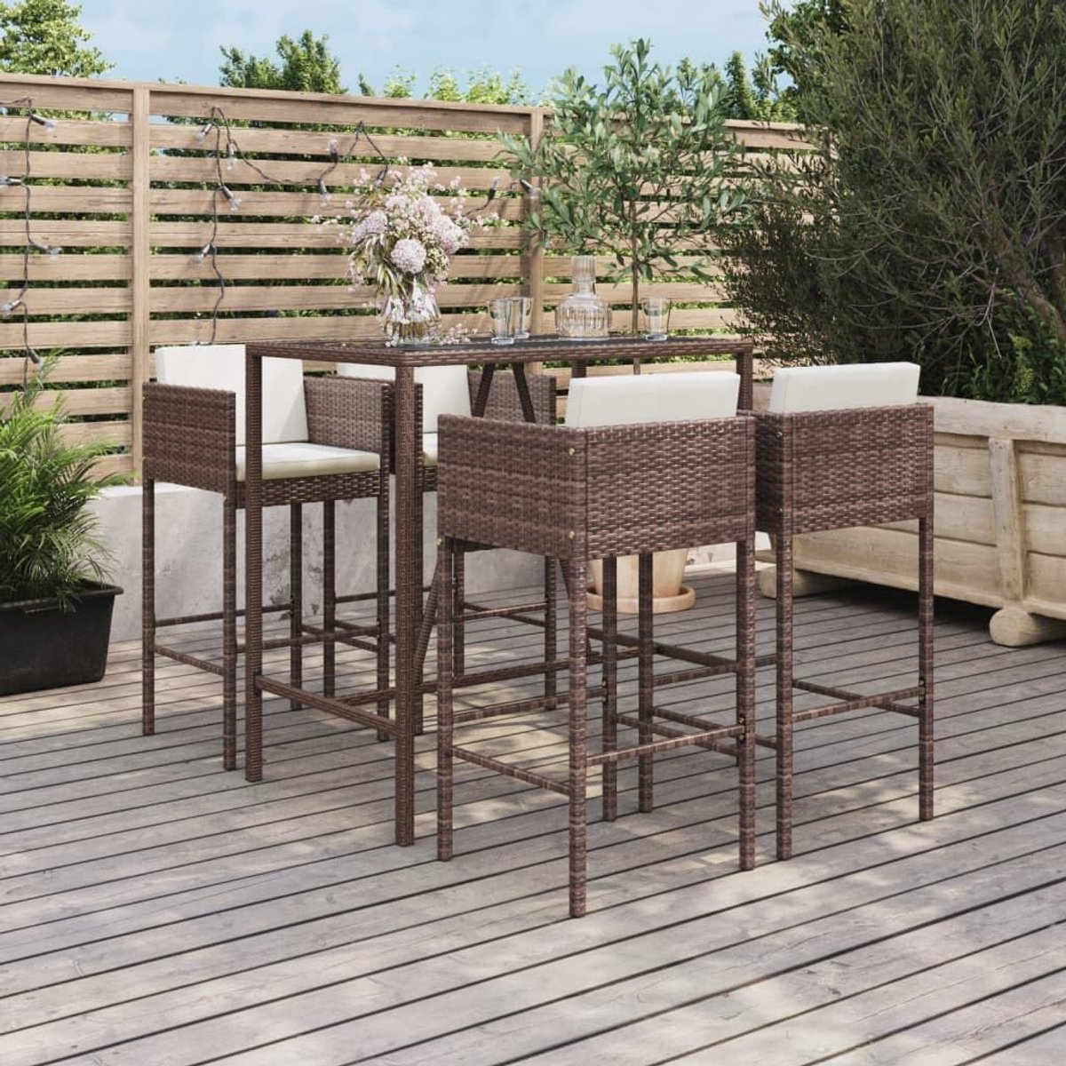 Tuinbarset 5-delig 50x48x100 cm – Luxe Polyrotan Bartafel met 4 Barkrukken incl. Kussens, Weerbestendig & Modern Design voor Tuin, Terras en Balkon – Bruin – HomebyNicole