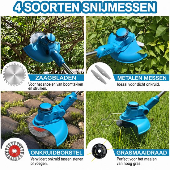 Vier snijkoppen voor turquoise grastrimmer: zaagbladen, metalen messen, onkruidborstel en grasmaaidraad.