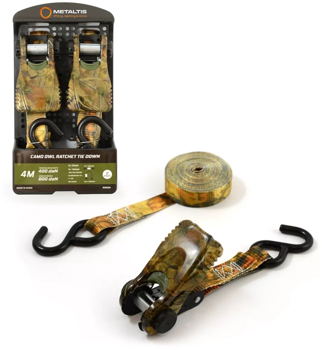 Set van 2 Spanbanden (Sjorbanden) - 800kg - 4m x 25mm - 2-delig - Met Ratel en S-haken - Camouflage