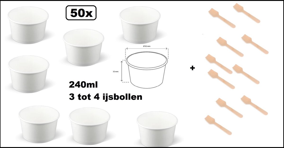 50x IJsbeker wit 240ml karton met 50x IJslepel hout - 3 a 4 bollen - IJs beker - Party schepijs softijs ijsje zomer festival thema feest