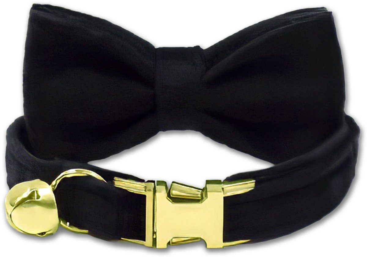 LUQ – Kattenhalsband Zwart met Strik – Premium Velvet – Gouden Belletje – Verstelbaar tot 32cm – Luxe Gouden Sluiting