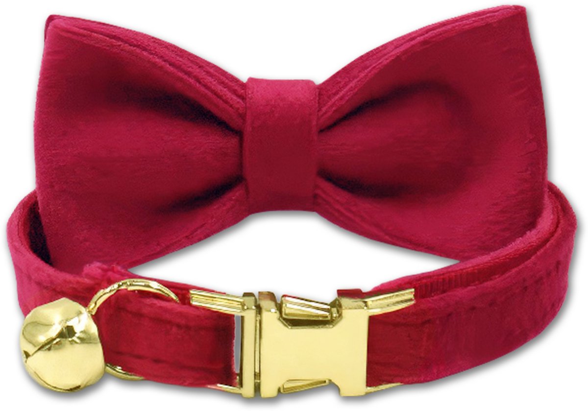 LUQ – Kattenhalsband Rood met Strik – Premium Velvet – Gouden Belletje – Verstelbaar tot 32cm – Luxe Gouden Sluiting