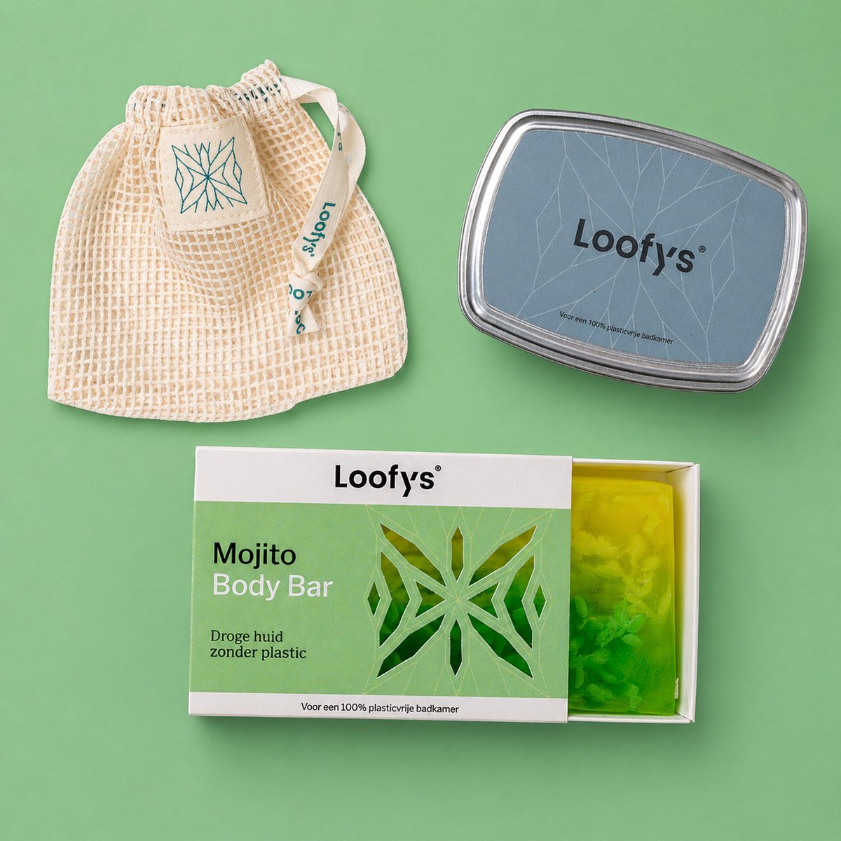 Loofys Body Bar Mojito met Zeepzakje en Reisblikje - Frisse & Verkwikkende Munt en Limoen - Voor Droge en Normale Huid - Duurzaam en Plasticvrij - Body Bar Travel Set - 80g