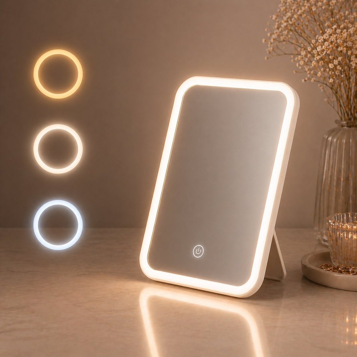 PolkaHome LED-make-upspiegel met aanraaksensor en traploze dimming, draagbaar, wit