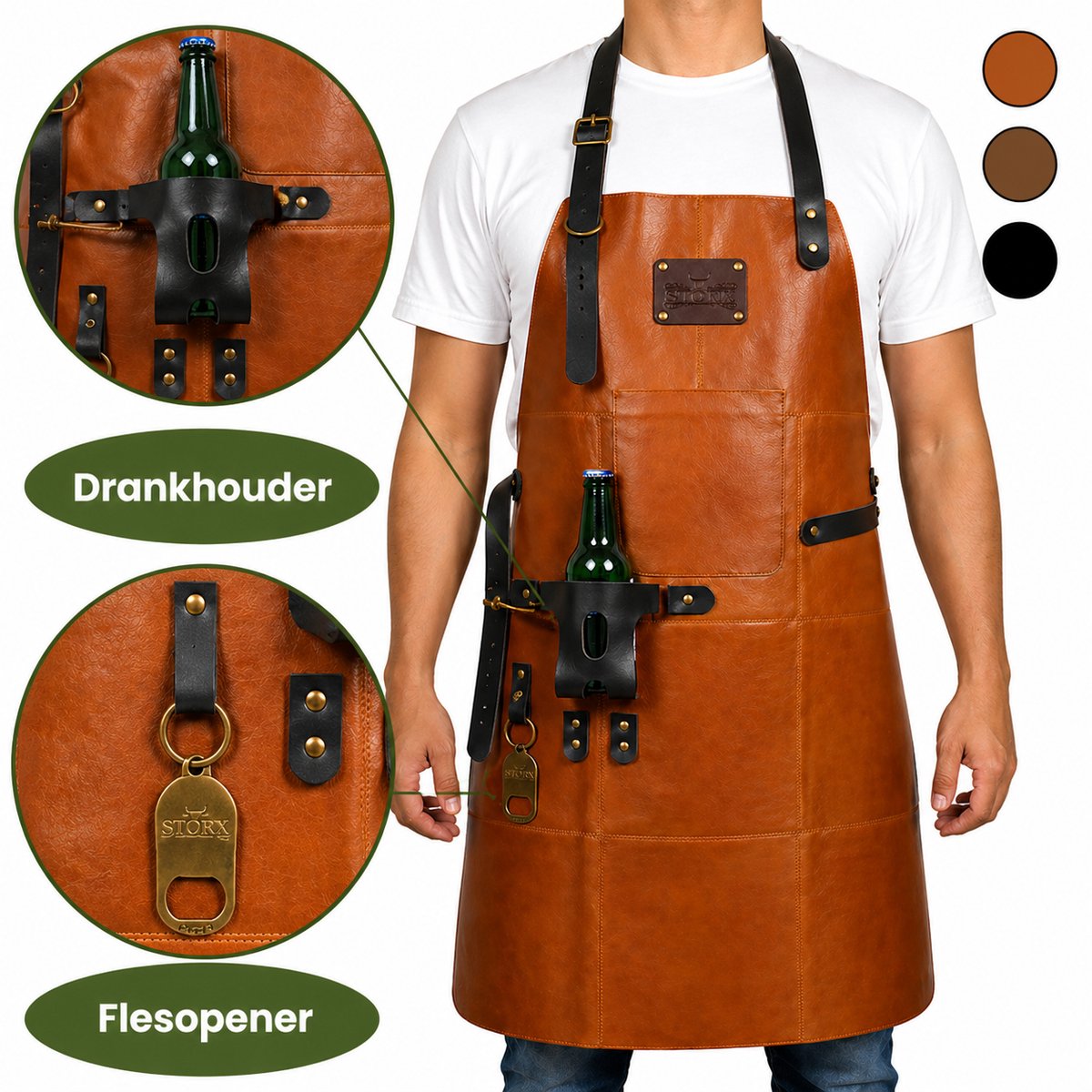 Leren Schort Licht Bruin - Cognac Heren Barbecue – Stoer Lederen Schort Man BBQ Accessoire van echt Leer voor Heren + Drankhouder, Flesopener, Handdoeklus + Groot Vak – Mannen – Leren BBQ kookschort als Cadeau voor Kerst, Vaderdag of Verjaardag