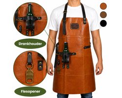 Leren Schort Licht Bruin - Cognac Heren Barbecue – Stoer Lederen Schort Man BBQ Accessoire van echt Leer voor Heren + Drankhouder, Flesopener, Handdoeklus + Groot Vak – Mannen – Leren BBQ kookschort als Cadeau voor Kerst, Vaderdag of Verjaardag
