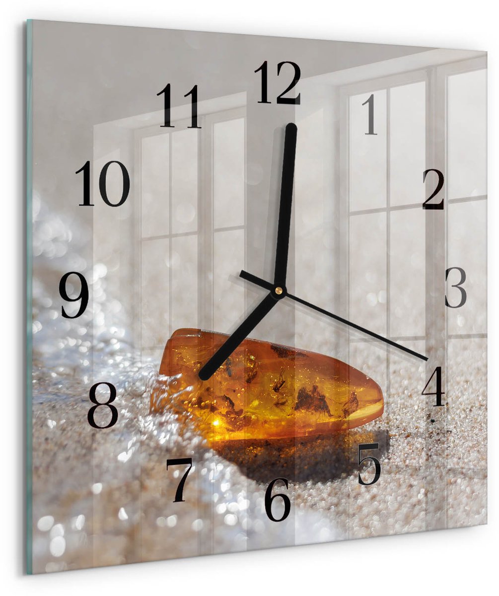 TULUP Wandklok - Amber Wandklok Glas Met Motief - 30x30 cm - Goud Decoratieve Glazen Klok - Zwarte Handen - Vierkante Wandklok - Decoratieve Glazen Klok - Glazen Wandklok Design Goud - Amber