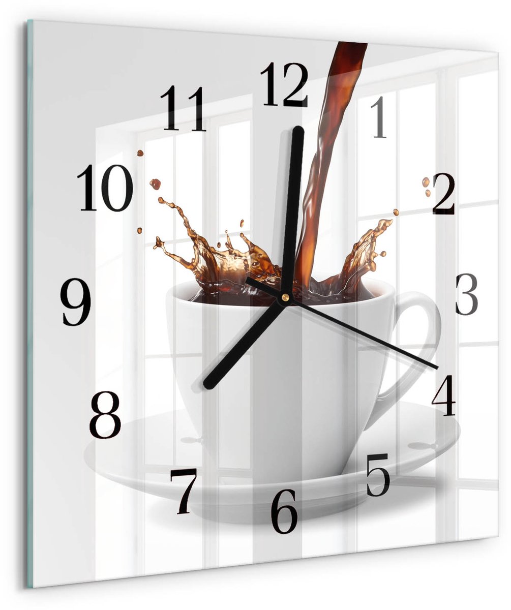 TULUP Wandklok - Kopje koffie Glazen Klok Met Print - 30x30 cm - Wit Moderne Glazen Wandklok - Zwarte Handen - Vierkante Wandklok - Klok Glas Met Opdruk - Moderne Wandklok Glas
