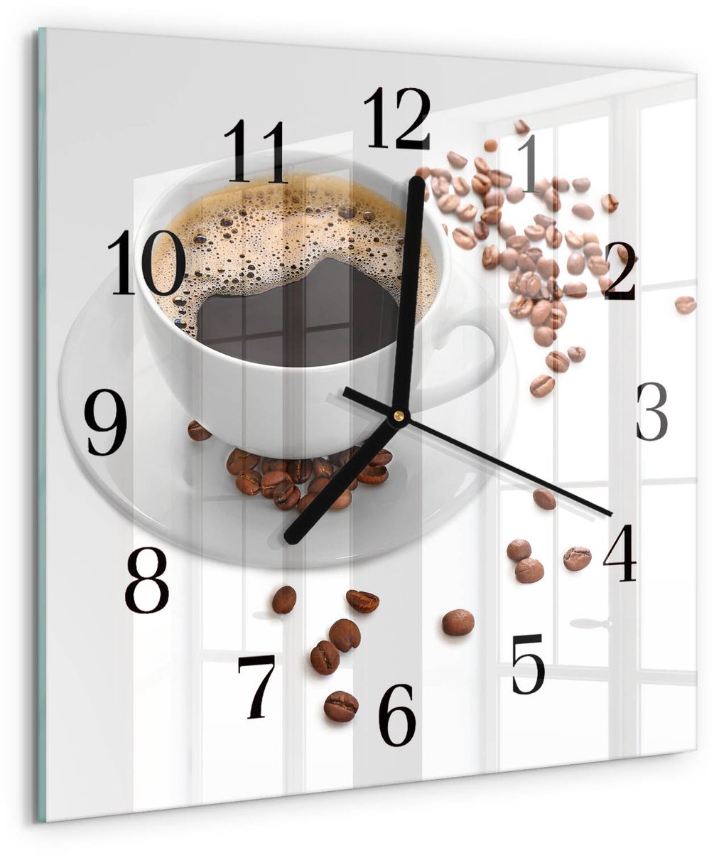 TULUP Wandklok - Koffie Glazen Wandklok Design - 30x30 cm - Wit Klok Glas Met Opdruk - Zwarte Handen - Vierkante Wandklok - Moderne Wandklok Glas - Wandklok Glas Decoratie