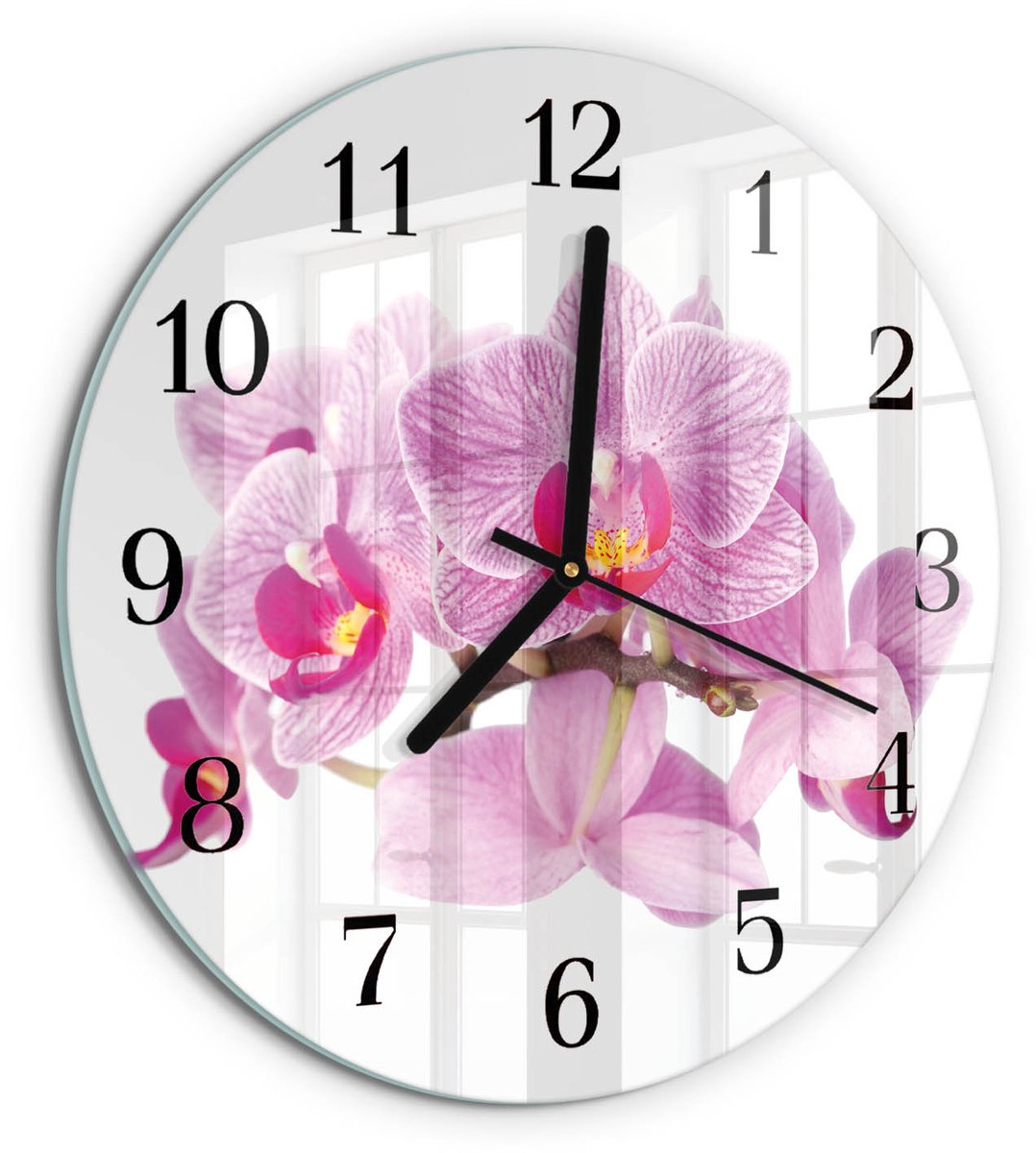 TULUP Wandklok - Orchideeën Decoratieve Glazen Klok - 30fi cm - Roze Glazen Wandklok Design - Zwarte Handen - Ronde Wandklok - Wandklok Glas Met Motief - Decoratieve Glazen Klok