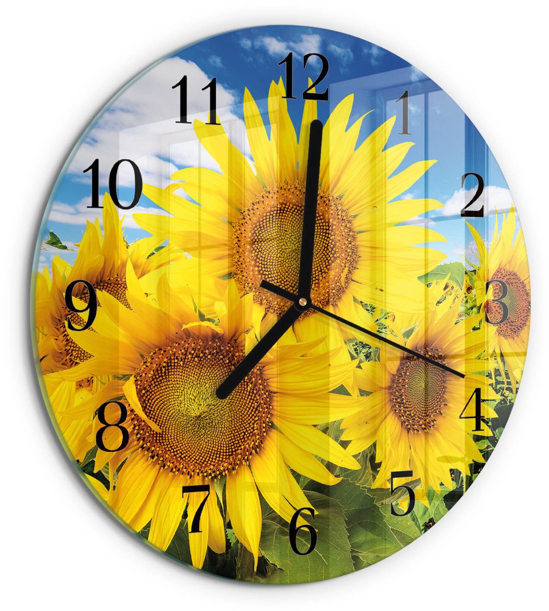 TULUP Wandklok - Zonnebloemen Moderne Wandklok Glas - 30fi cm - Geel Wandklok Glas Decoratie - Zwarte Handen - Ronde Wandklok - Wandklok Glas Decoratie - Gekleurde Glazen Klok Geel - Zonnebloemen