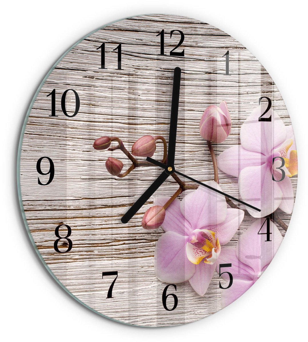TULUP Wandklok - Orchidee Glazen Wandklok Design - 30fi cm - Paars Klok Glas Met Opdruk - Zwarte Handen - Ronde Wandklok - Gekleurde Glazen Klok - Glazen Klok Met Print Paars - Orchidee