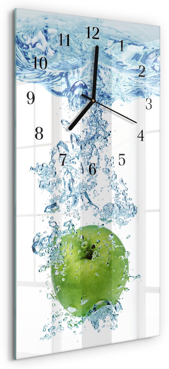 TULUP Wandklok - Appelwater Glazen Klok Met Print - 30x60 cm - Veelkleurig Moderne Glazen Wandklok - Zwarte Handen - Rechthoekige Wandklok - Moderne Wandklok Glas - Wandklok Glas Decoratie