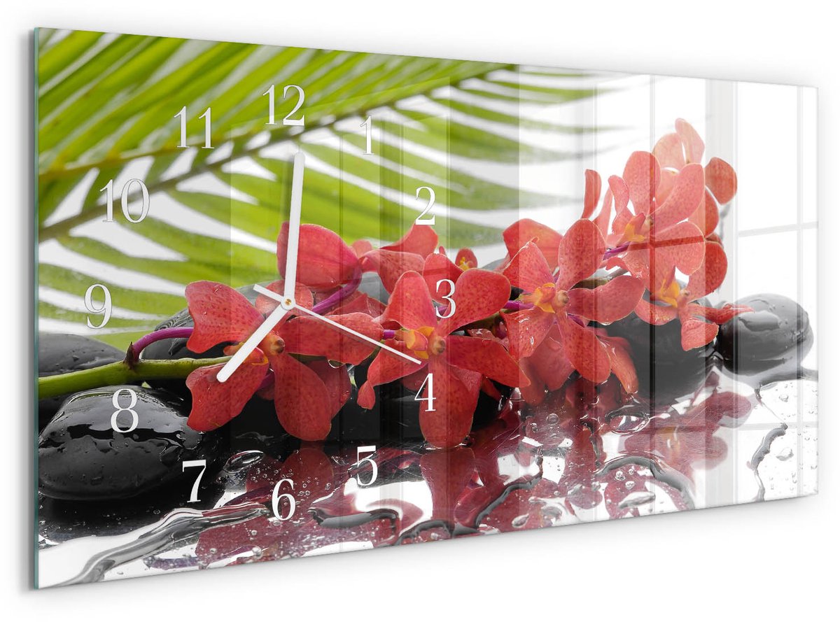 TULUP Wandklok - Bloemen en stenen Moderne Glazen Wandklok - 60x30 cm - Rood Wandklok Glas Met Motief - Witte Handen - Rechthoekige Wandklok - Wandklok Glas Decoratie - Gekleurde Glazen Klok Rood - Bloemen en stenen