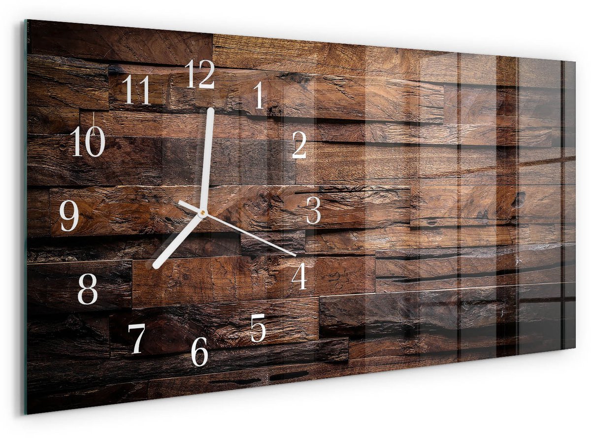TULUP Wandklok - Hout Glazen Wandklok Design - 60x30 cm - Bruin Klok Glas Met Opdruk - Witte Handen - Rechthoekige Wandklok - Wandklok Glas Decoratie - Gekleurde Glazen Klok Bruin - Hout