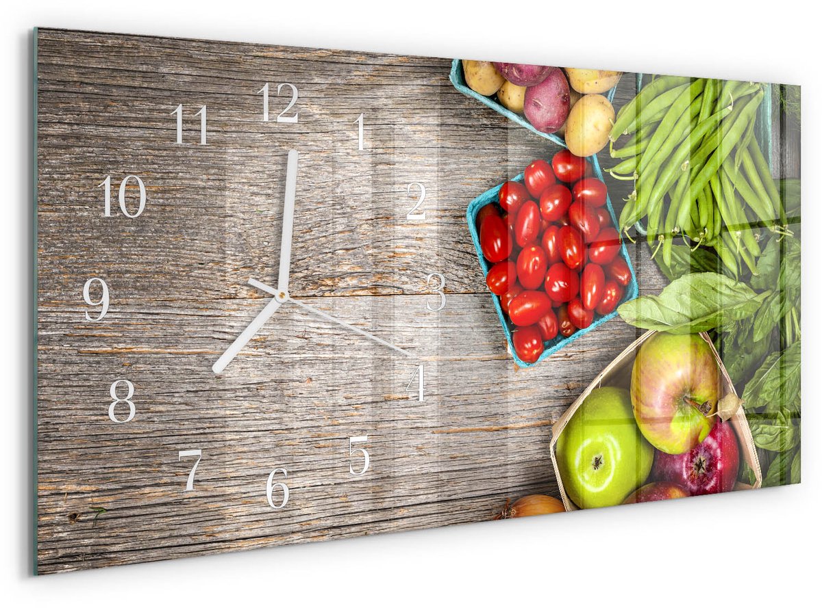 TULUP Wandklok - Groenten Wandklok Glas Met Motief - 60x30 cm - Groente Decoratieve Glazen Klok - Witte Handen - Rechthoekige Wandklok - Glazen Wandklok Design - Klok Glas Met Opdruk Groente - Groenten