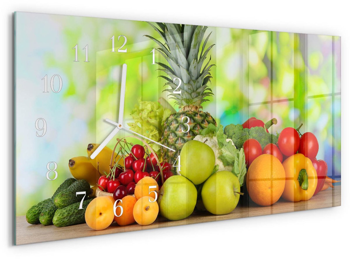 TULUP Wandklok - Fruit en groenten Decoratieve Glazen Klok - 60x30 cm - Groente Glazen Wandklok Design - Witte Handen - Rechthoekige Wandklok - Klok Glas Met Opdruk - Moderne Wandklok Glas Groente - Fruit en groenten