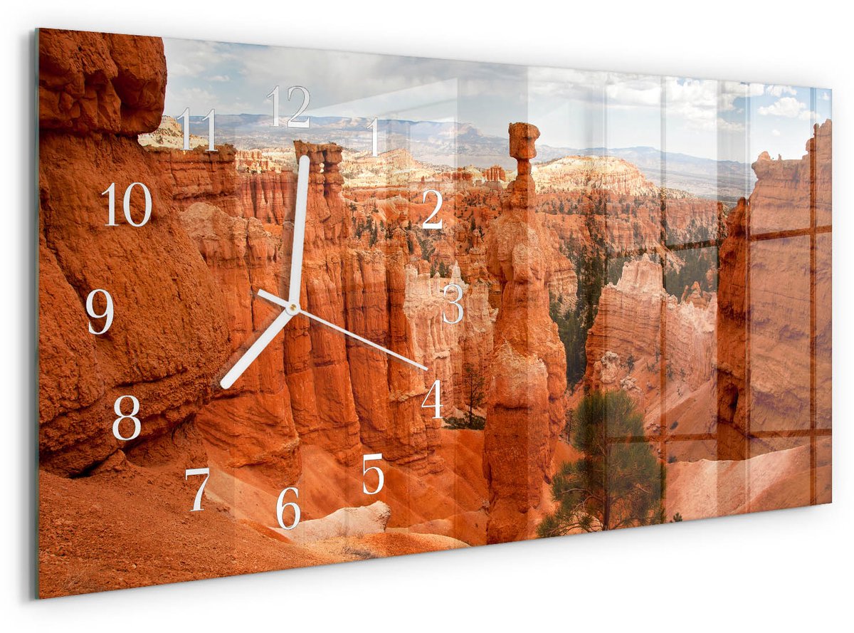 TULUP Wandklok - Bryce Canyon Glazen Wandklok Design - 60x30 cm - Oranje Klok Glas Met Opdruk - Witte Handen - Rechthoekige Wandklok - Decoratieve Glazen Klok - Glazen Wandklok Design Oranje - Bryce Canyon