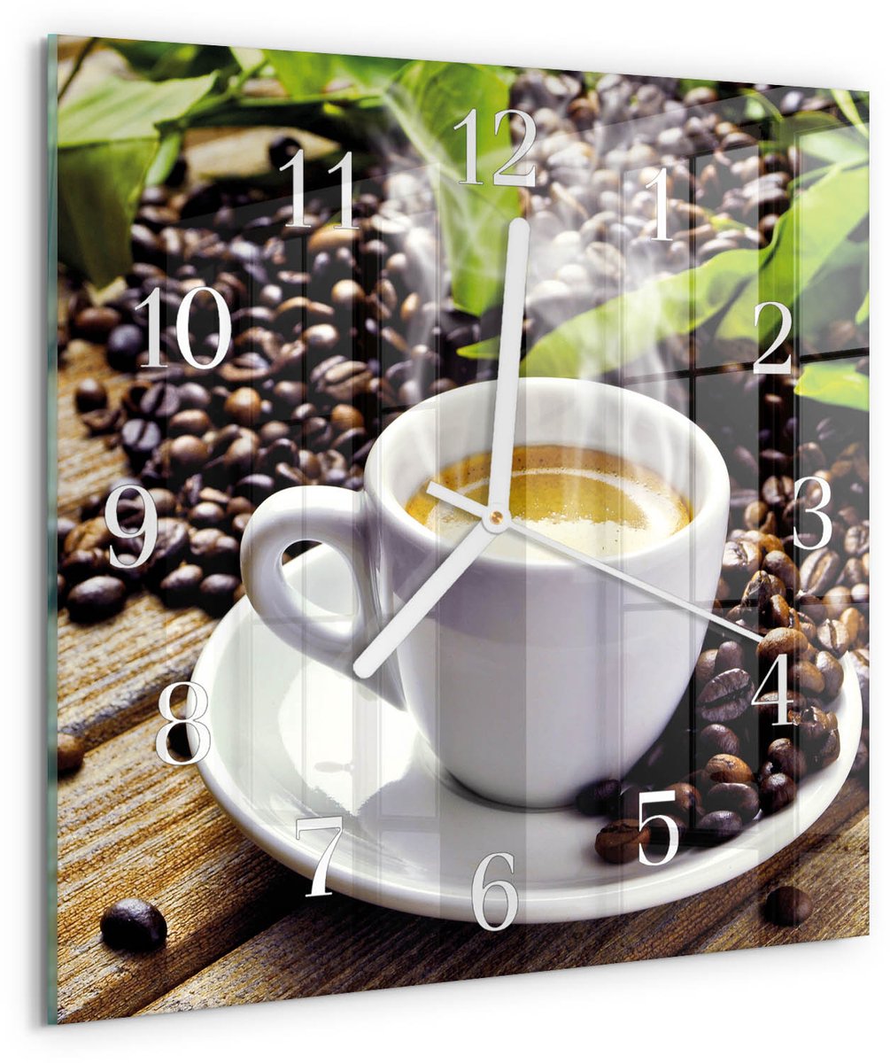 TULUP Wandklok - Kopje koffie Decoratieve Glazen Klok - 30x30 cm - Veelkleurig Glazen Wandklok Design - Witte Handen - Vierkante Wandklok - Decoratieve Glazen Klok - Glazen Wandklok Design Veelkleurig - Kopje koffie