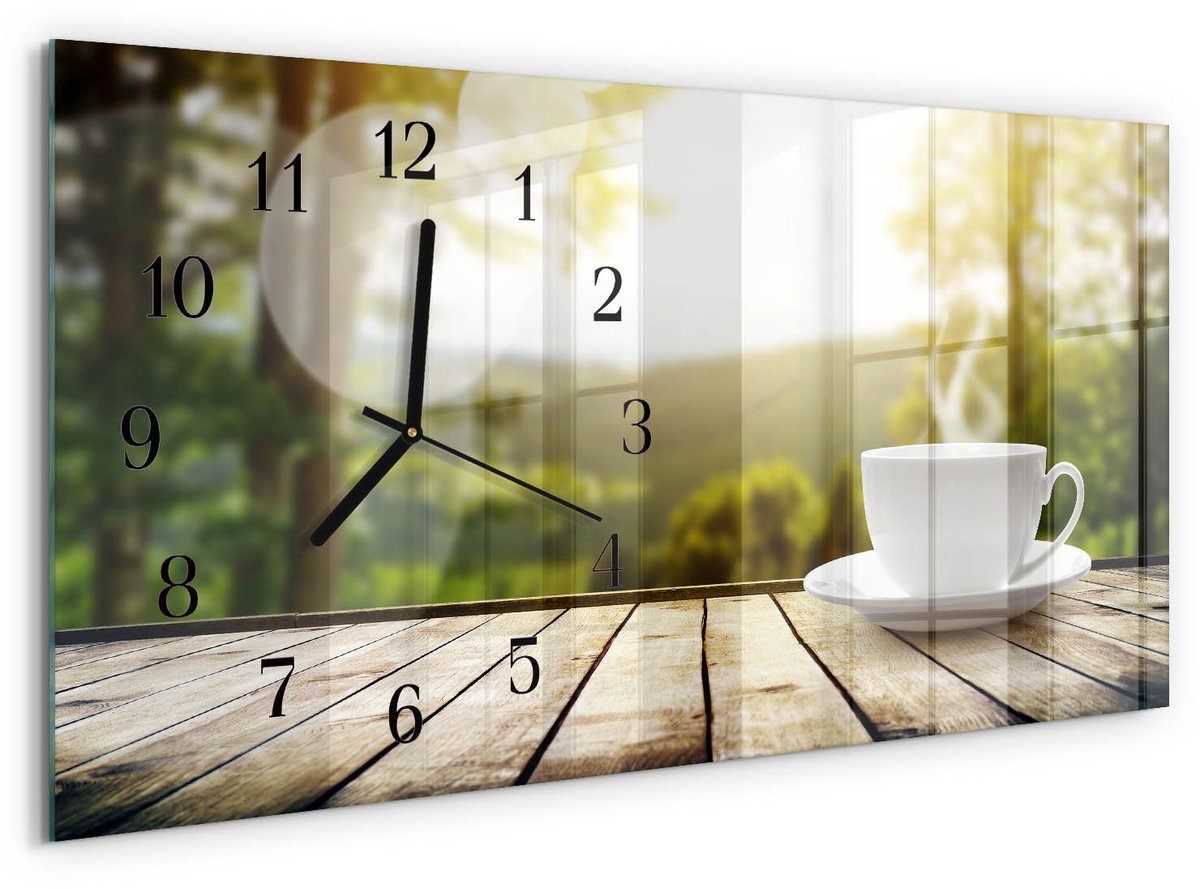 TULUP Wandklok - Koffie Moderne Wandklok Glas - 60x30 cm - Groente Wandklok Glas Decoratie - Zwarte Handen - Rechthoekige Wandklok - Moderne Wandklok Glas - Wandklok Glas Decoratie Groente - Koffie