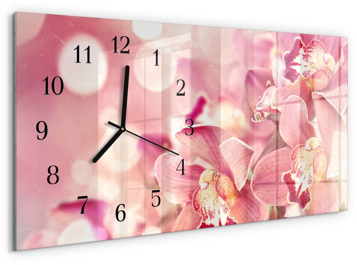 TULUP Wandklok - Orchideeën Moderne Glazen Wandklok - 60x30 cm - Roze Wandklok Glas Met Motief - Zwarte Handen - Rechthoekige Wandklok - Gekleurde Glazen Klok - Glazen Klok Met Print Roze - Orchideeën