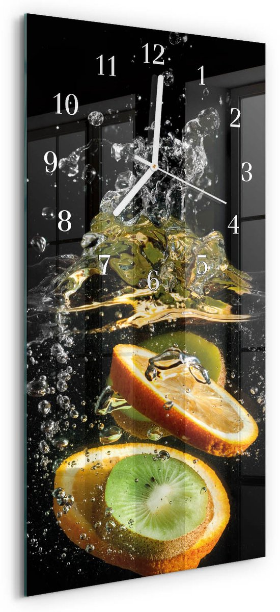 TULUP Wandklok - Fruitwater Moderne Wandklok Glas - 30x60 cm - Veelkleurig Wandklok Glas Decoratie - Witte Handen - Rechthoekige Wandklok - Decoratieve Glazen Klok - Glazen Wandklok Design Veelkleurig - Fruitwater