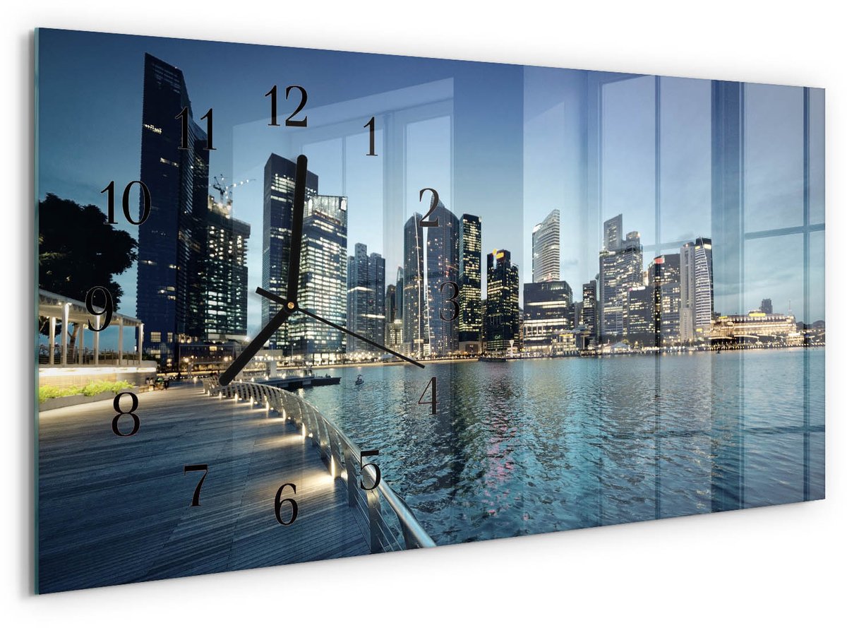 TULUP Wandklok - Stad 's nachts Moderne Glazen Wandklok - 60x30 cm - Blauw Wandklok Glas Met Motief - Zwarte Handen - Rechthoekige Wandklok - Klok Glas Met Opdruk - Moderne Wandklok Glas Blauw - Stad 's nachts