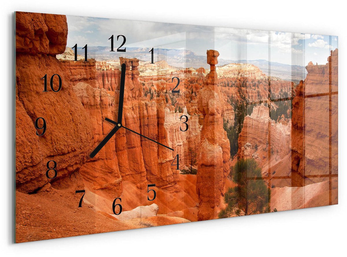 TULUP Wandklok - Bryce Canyon Moderne Glazen Wandklok - 60x30 cm - Oranje Wandklok Glas Met Motief - Zwarte Handen - Rechthoekige Wandklok - Decoratieve Glazen Klok - Glazen Wandklok Design Oranje - Bryce Canyon