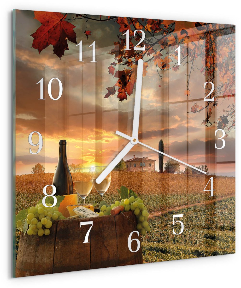Tulup Wandklok - Wijn Natuur Wandklok Glas Decoratie - 30x30 cm - Veelkleurig Gekleurde Glazen Klok - Witte Handen - Vierkante Wandklok - Decoratieve Glazen Klok - Glazen Wandklok Design
