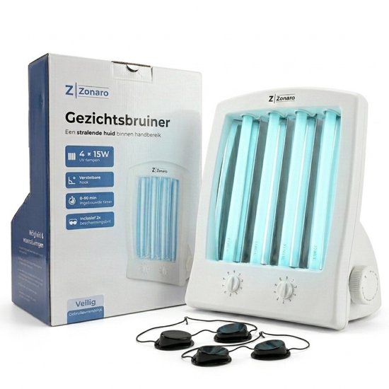 Zonaro Gezichtsbruiner – Zonnebank – Zonnehemel – Gelaatsbruiner – Solarium – Gezichtsbruiner Hals en Schouder – Inclusief 2x Zonnebank Bril – 4x 15W Lampen – Timer & Geheugenfunctie