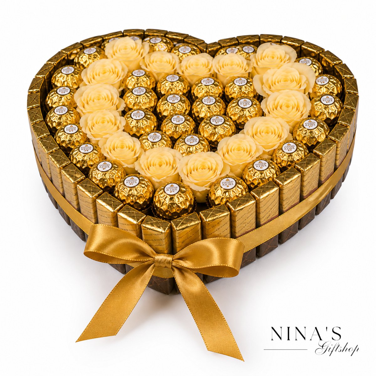 Nina's Giftshop XL Chocolade Hart Cadeau – Ferrero Rocher & Merci – Handgemaakt met Liefde – Luxe Ingepakt met Satijnen Strik – Valentijn / Verjaardag / Cadeau voor Haar & Hem