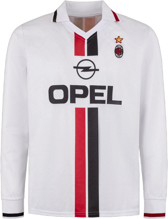 Wit AC Milan retro shirt uit 1995-1996 met lange mouwen. Opel logo op de voorkant. Rode en zwarte strepen op de kraag en borst. AC Milan clubwapen.