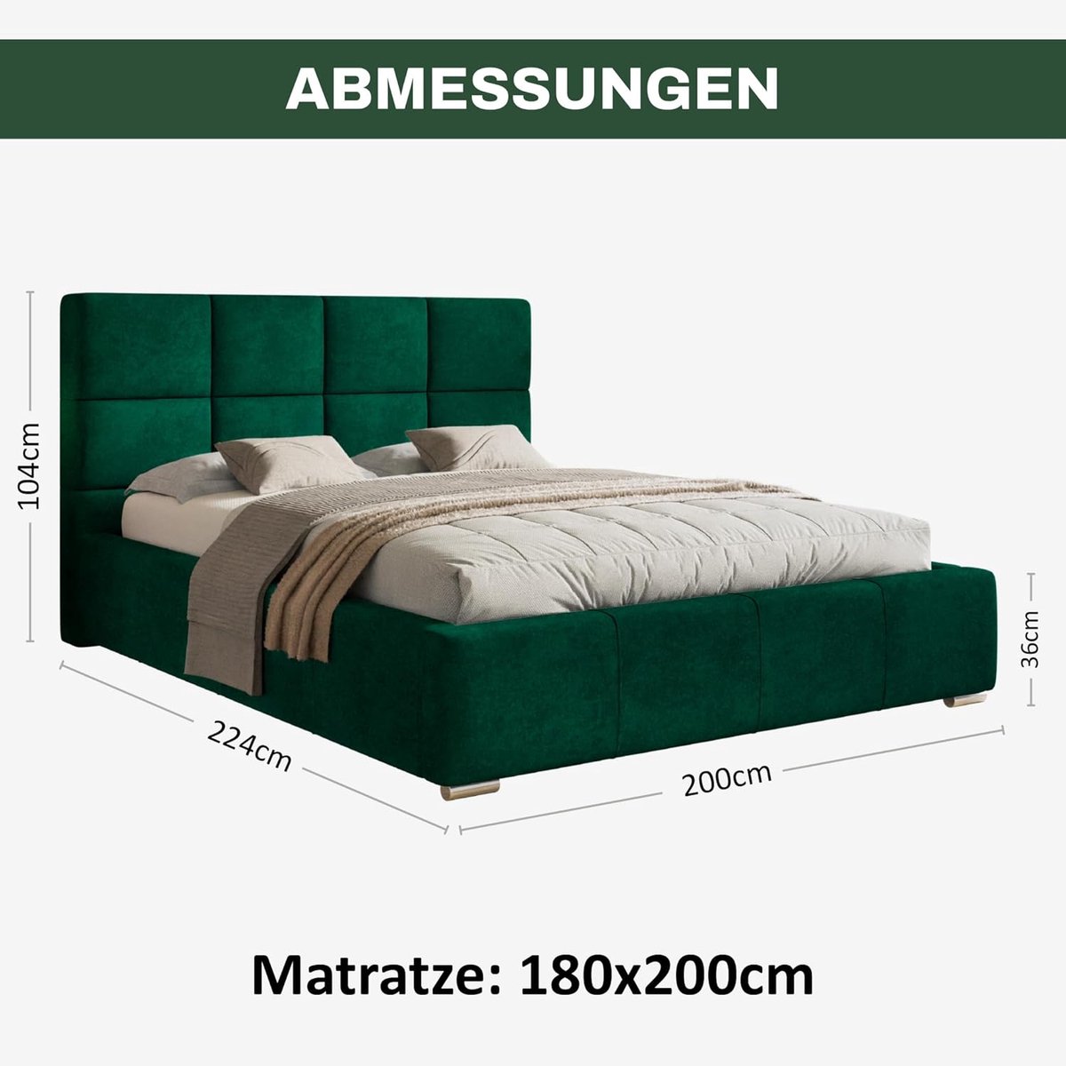 Gestoffeerd bed 180x200 cm met opbergruimte – luxe fluwelen velvet bed donkergroen met hydraulische bedlade, hoofdeinde 104 cm, lattenbodem, houten frame, modern design – HomeByNicole Luna Forest Bed