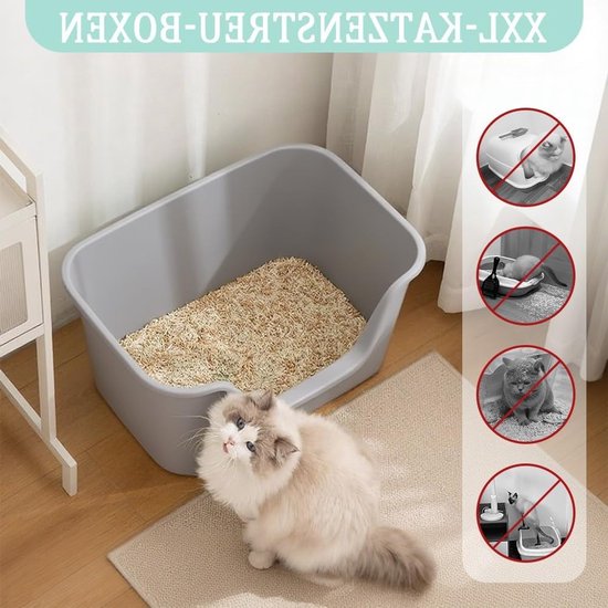 Grijze kattenbak met hoge rand, naast een zittende kat. Rechtsonder demonstraties van andere bakken met kruis erdoor.