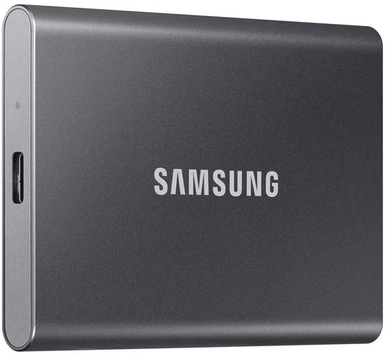 Grijze Samsung Portable SSD T7 met USB-C poort.