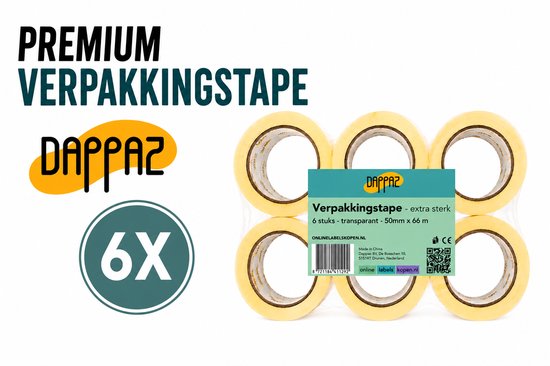 Dappaz Verpakkingstape Transparant - OPP Plakband 50mm x 66m - 6 rollen Dozen Tape Extra Sterk met Hoge Kleefkracht - Dikte 65 µm