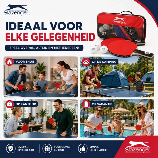 Vier scènes van mensen die tafeltennis spelen: thuis, op de camping, op kantoor en op vakantie. Inclusief een rode draagtas met batjes en ballen.